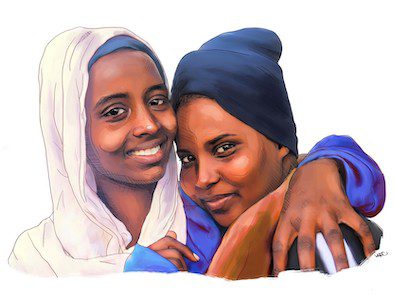 Illustration von zwei lächelnden Frauen, die sich umarmen